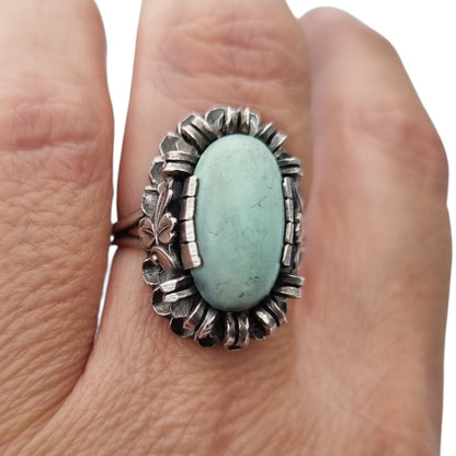 Late Art Deco silver ring with a greenish-blue cabochon circa 1940-1950