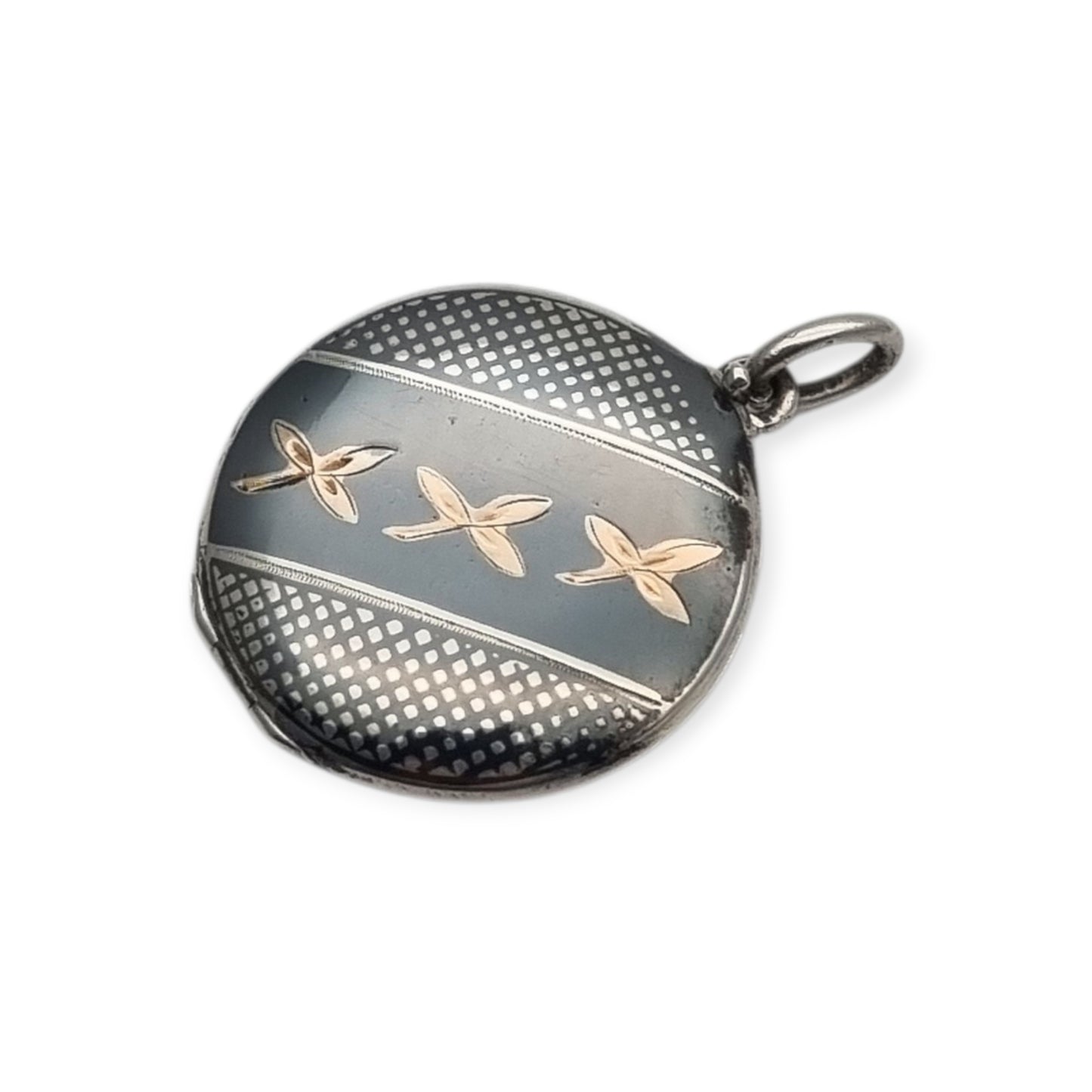 Round locket in nielloed 800 silver with hand engravings, circa 1920-1930