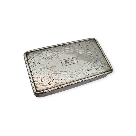 Caja victoriana antigua de plata grabada y monograma S.S circa 1890-1900