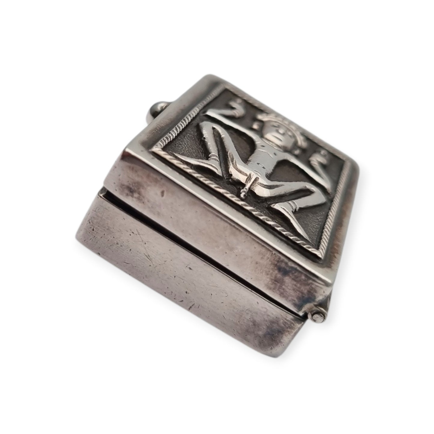 925 silver box with ethnic decoration and agate interior finish, 20th century