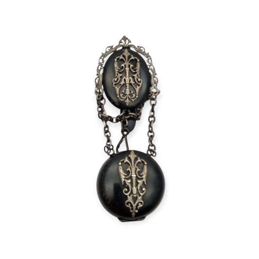 Chatelaine portareloj victoriana francesa negra con cadenas, circa 1850-1890