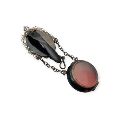 Chatelaine portareloj victoriana francesa negra con cadenas, circa 1850-1890