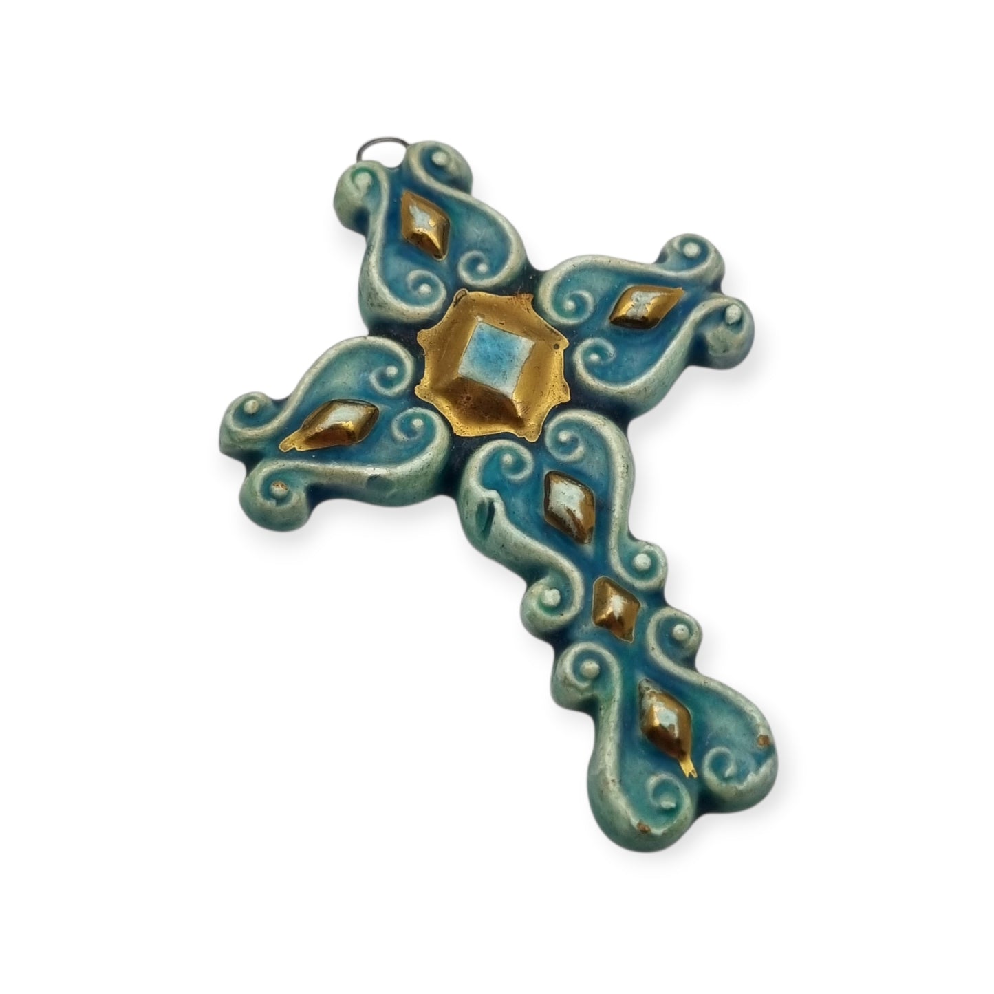 Colgante cruz esmaltada azul y dorado Francia años 60 cerámica vitrificada