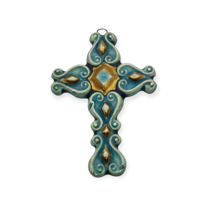 Colgante cruz esmaltada azul y dorado Francia años 60 cerámica vitrificada