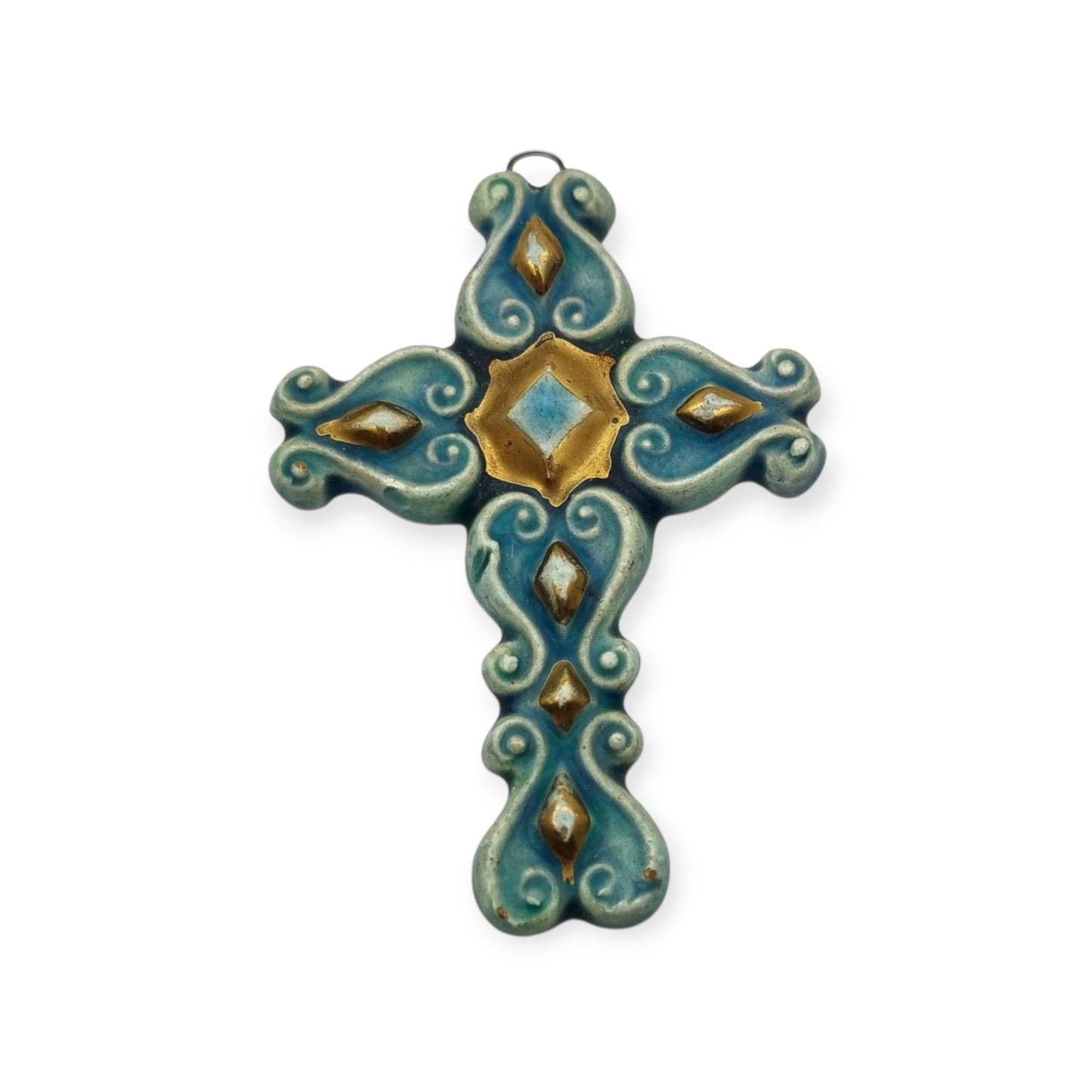 Colgante cruz esmaltada azul y dorado Francia años 60 cerámica vitrificada