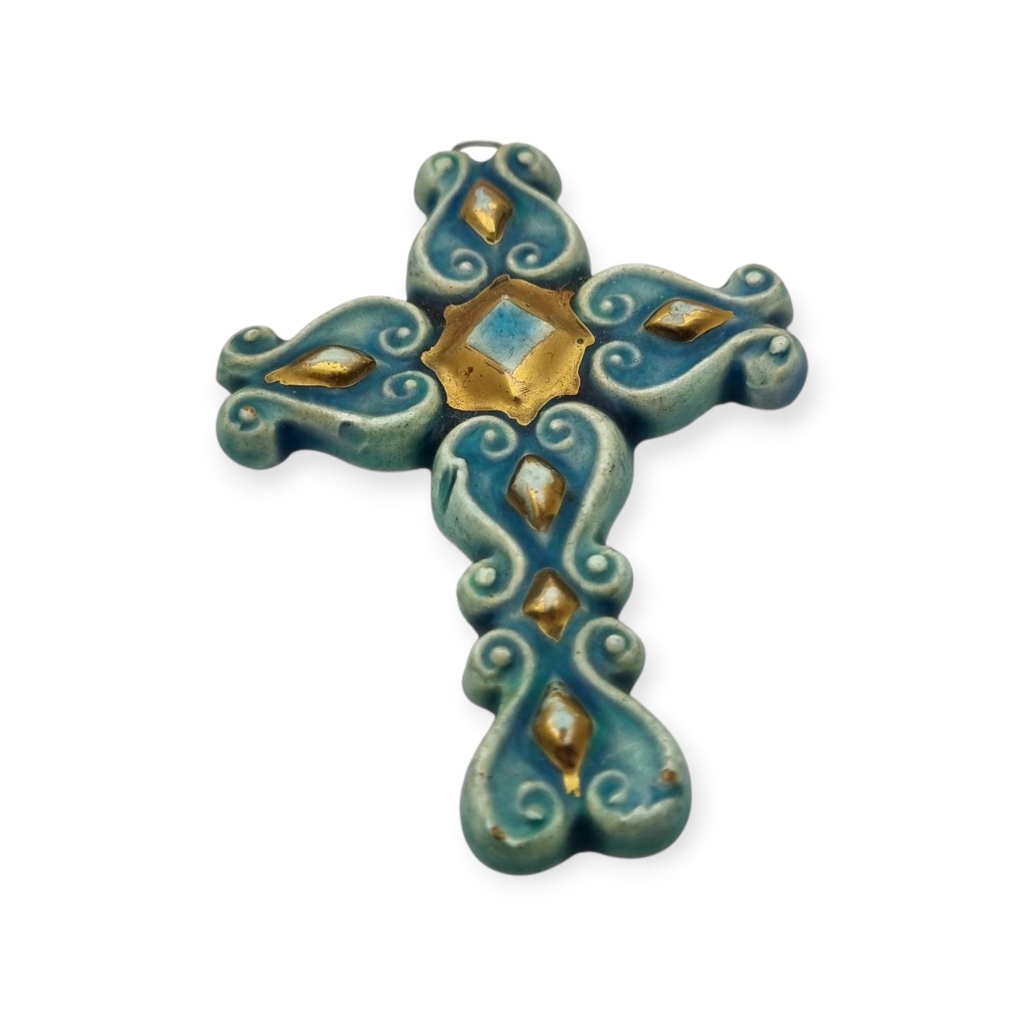 Colgante cruz esmaltada azul y dorado Francia años 60 cerámica vitrificada