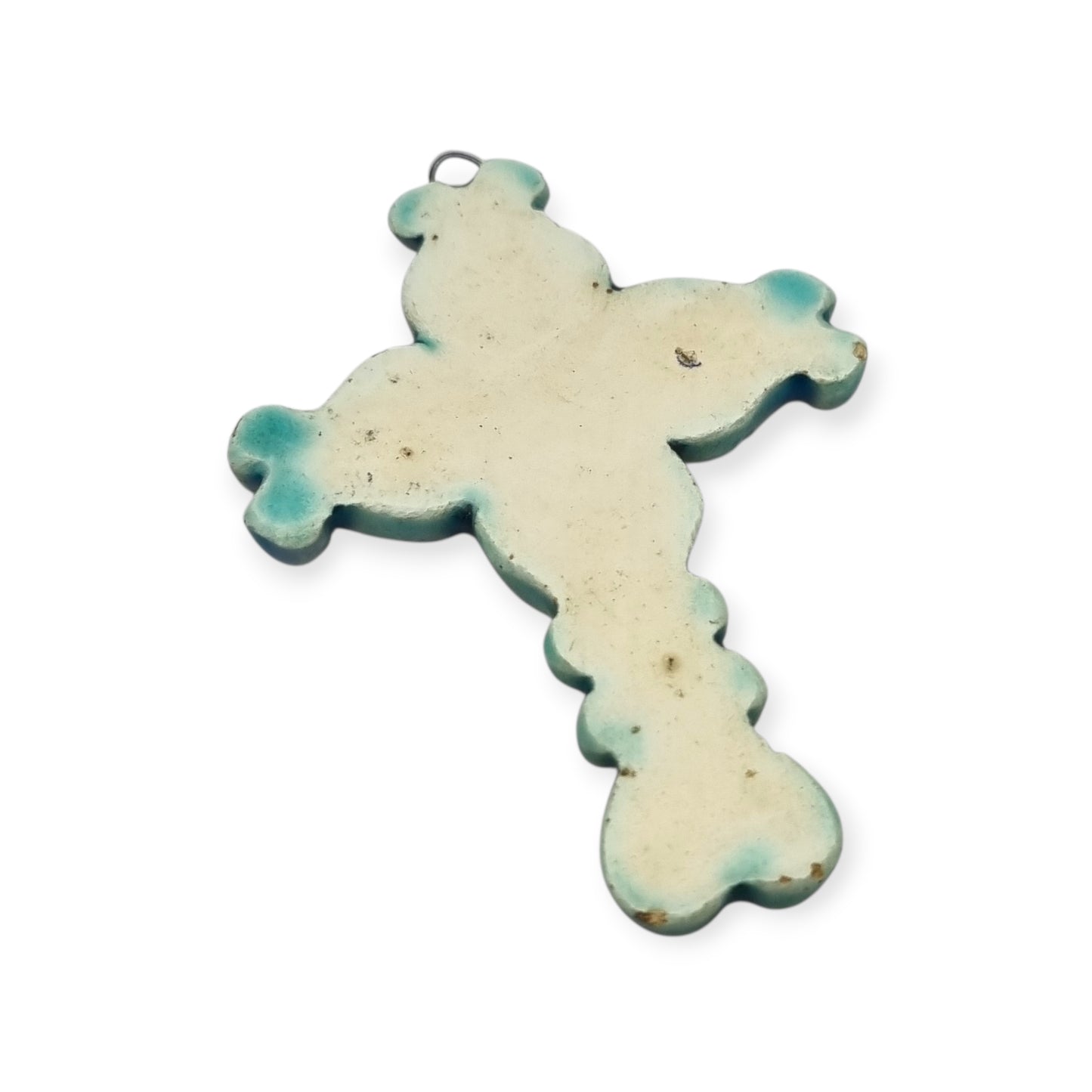 Colgante cruz esmaltada azul y dorado Francia años 60 cerámica vitrificada