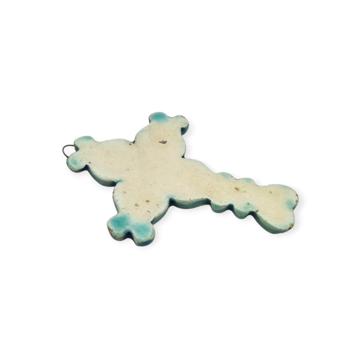 Colgante cruz esmaltada azul y dorado Francia años 60 cerámica vitrificada