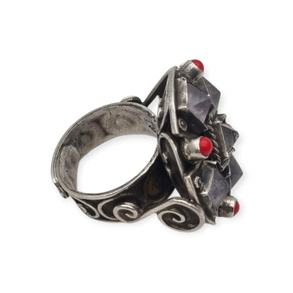 Escorcia .925 sterling silver ring from Mexico with amethysts and red details, circa 1990