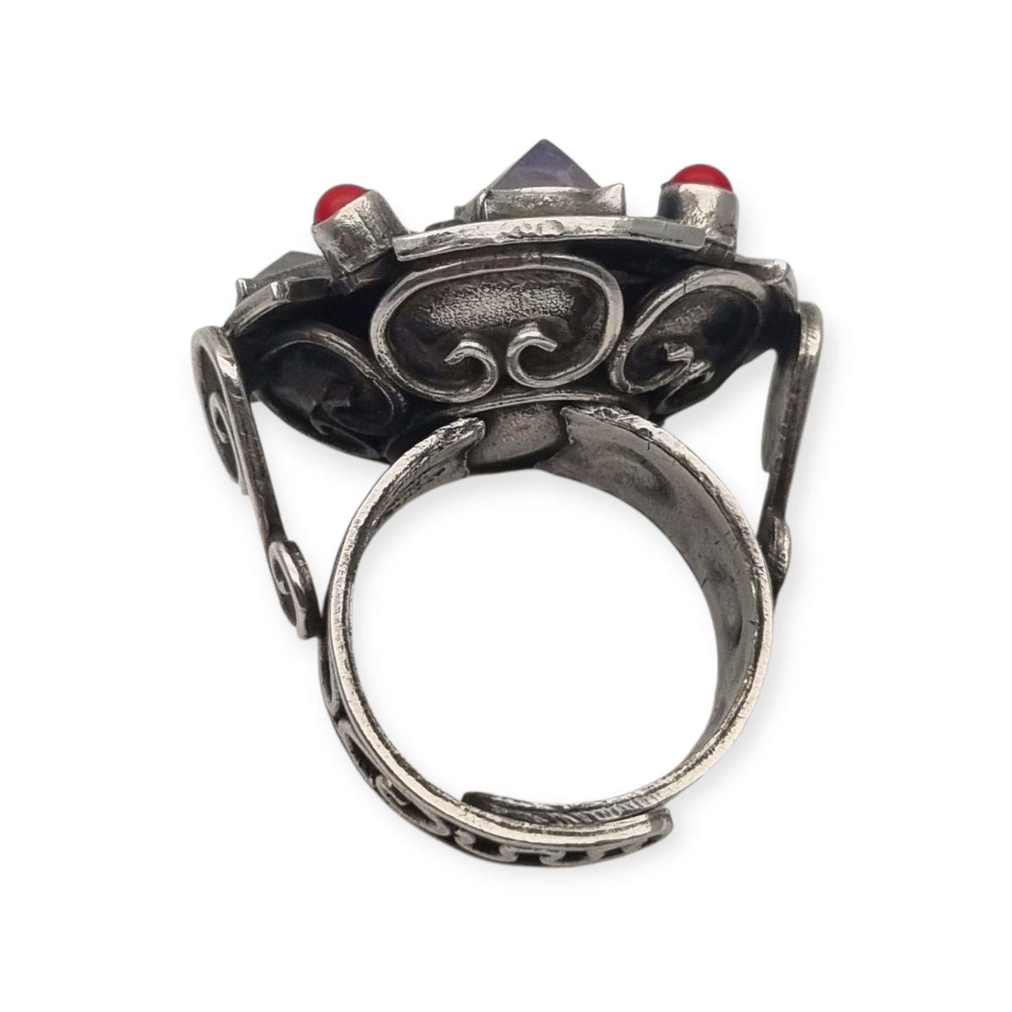 Escorcia .925 sterling silver ring from Mexico with amethysts and red details, circa 1990