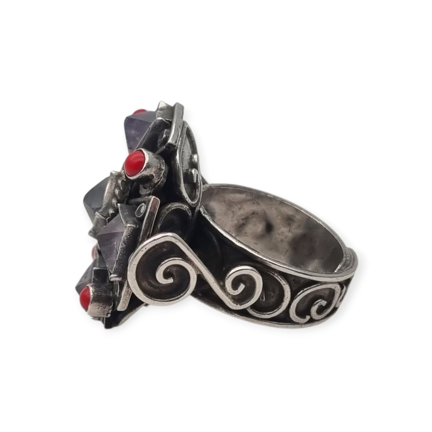 Escorcia .925 sterling silver ring from Mexico with amethysts and red details, circa 1990