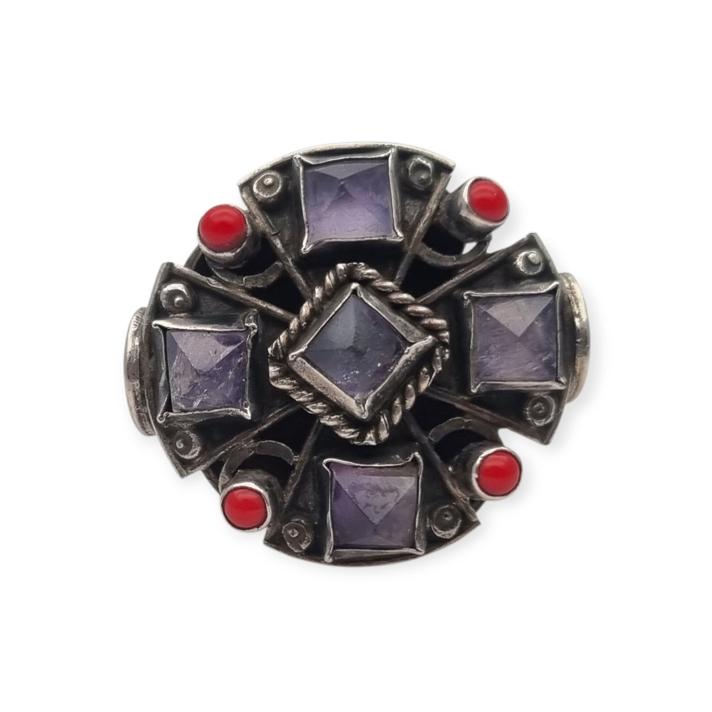 Escorcia .925 sterling silver ring from Mexico with amethysts and red details, circa 1990