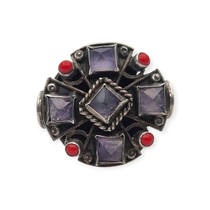 Escorcia .925 sterling silver ring from Mexico with amethysts and red details, circa 1990