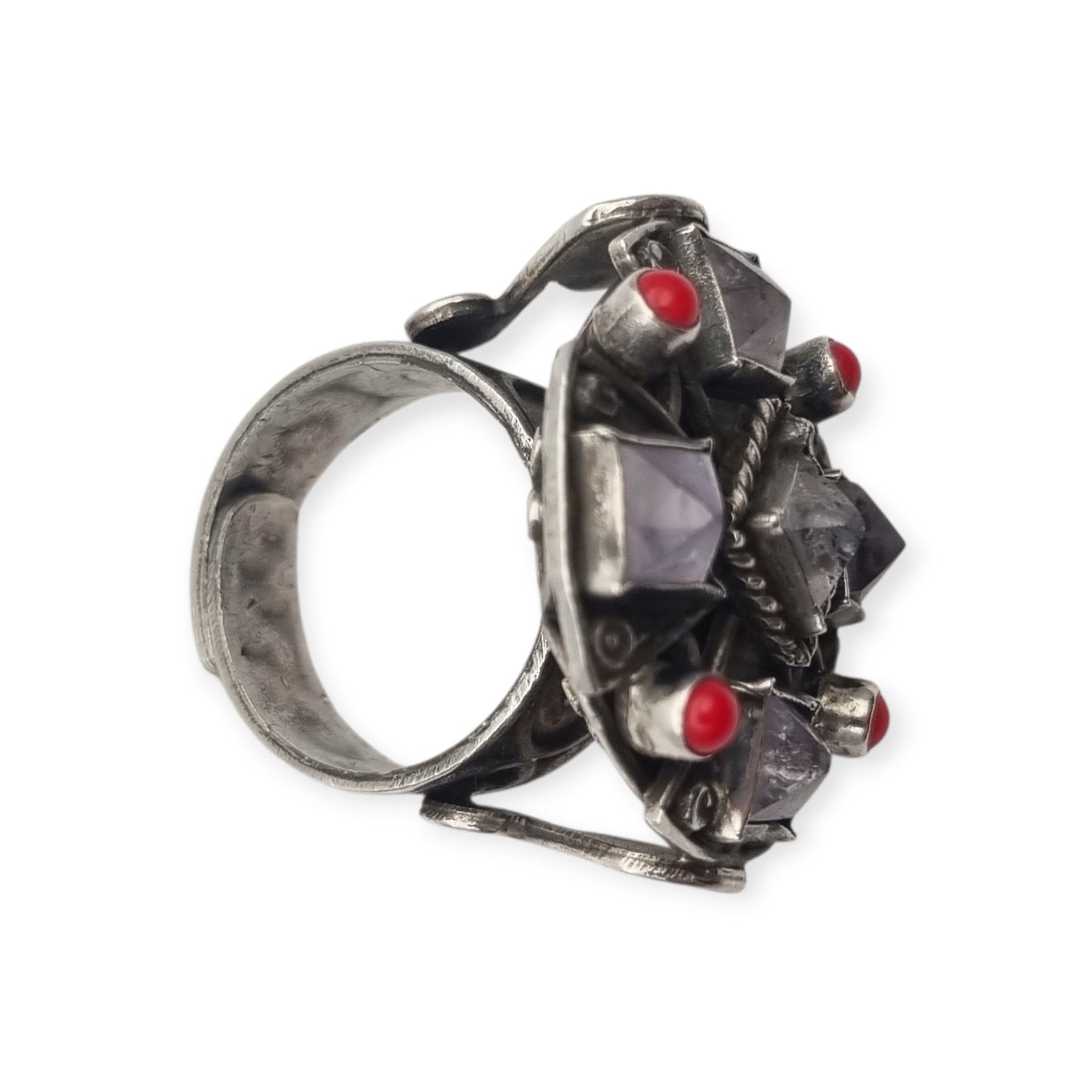 Escorcia .925 sterling silver ring from Mexico with amethysts and red details, circa 1990