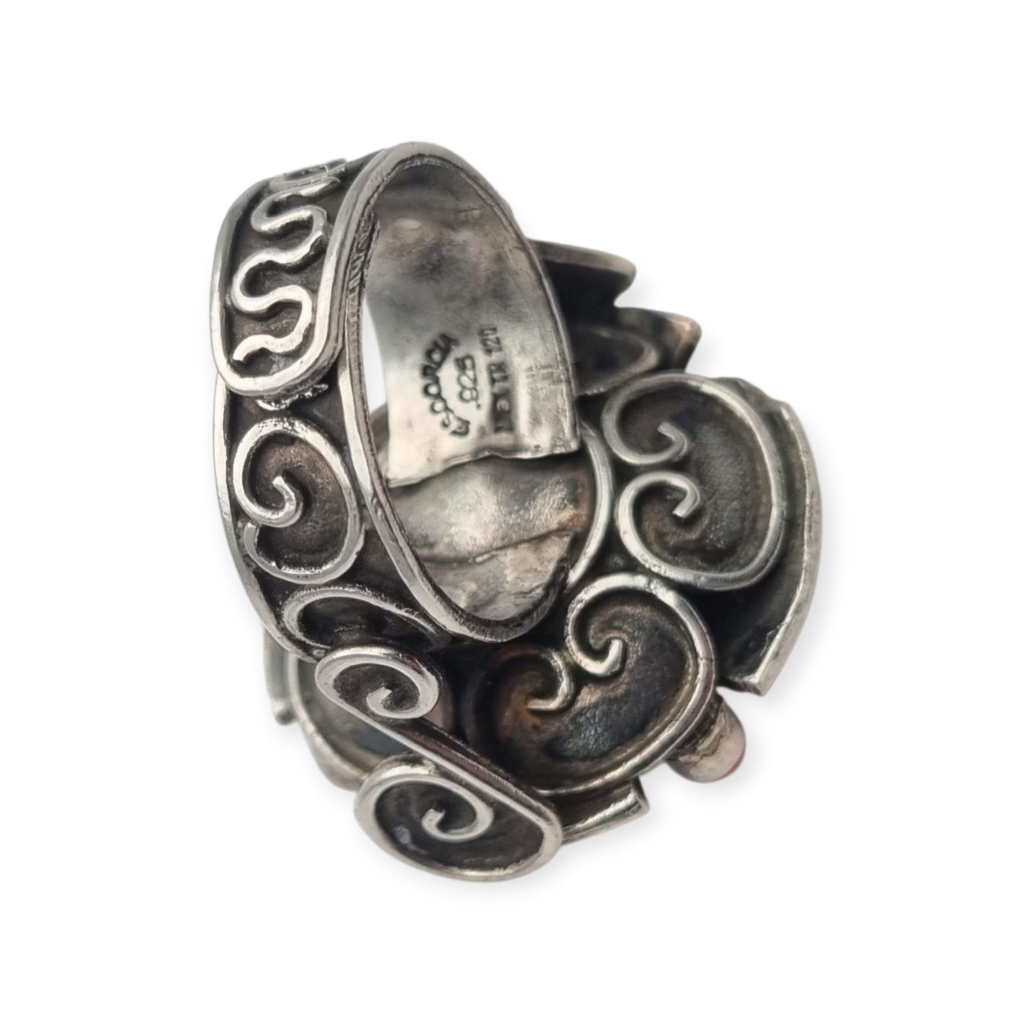 Escorcia .925 sterling silver ring from Mexico with amethysts and red details, circa 1990