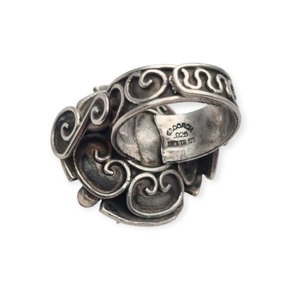 Escorcia .925 sterling silver ring from Mexico with amethysts and red details, circa 1990
