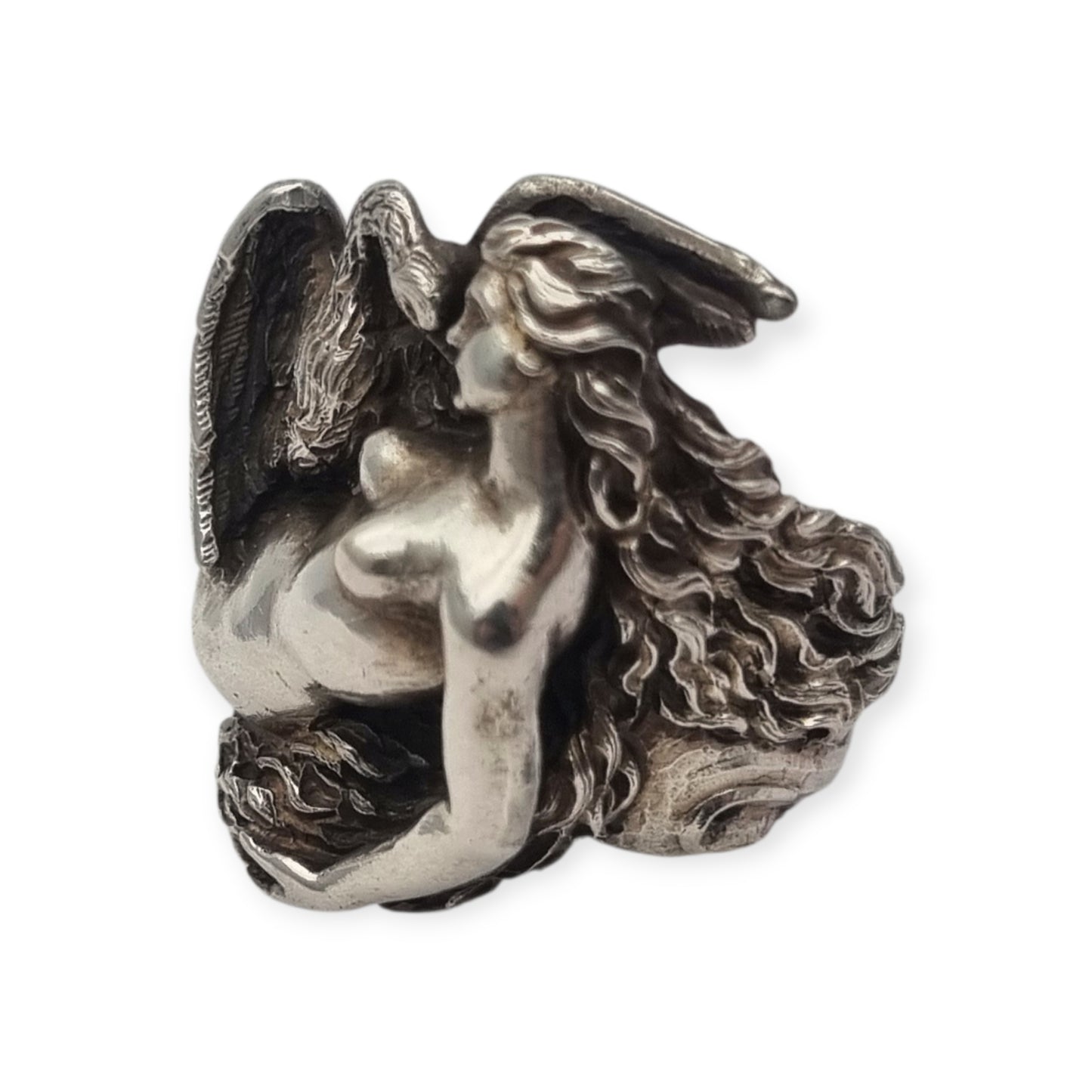 Anillo mitológico de Leda y el cisne en plata 800 italiana estilo modernista siglo XX escultórico