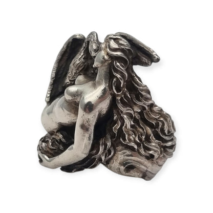 Anillo mitológico de Leda y el cisne en plata 800 italiana estilo modernista siglo XX escultórico