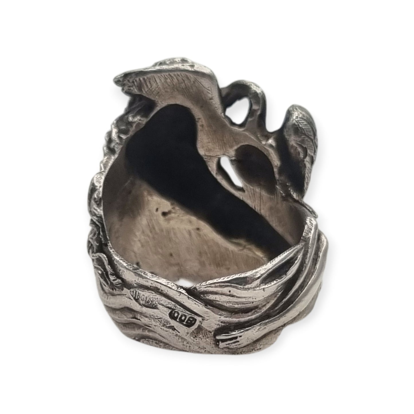 Anillo mitológico de Leda y el cisne en plata 800 italiana estilo modernista siglo XX escultórico