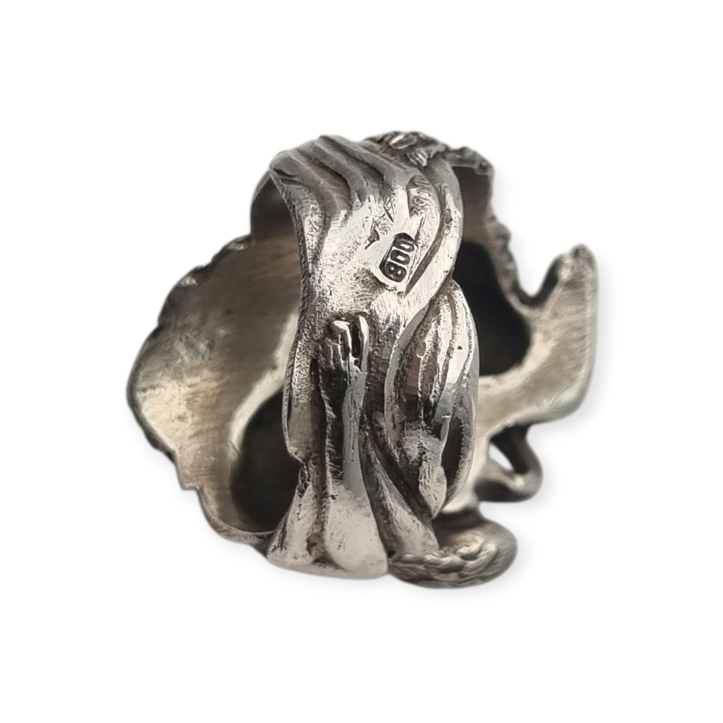 Anillo mitológico de Leda y el cisne en plata 800 italiana estilo modernista siglo XX escultórico