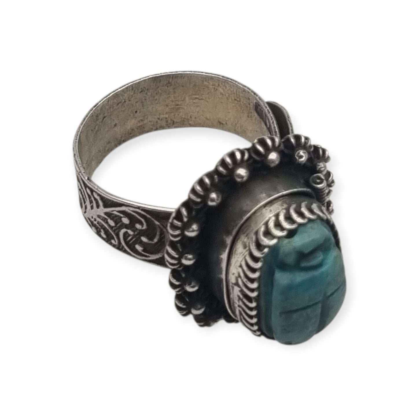 Egyptian poison or locket ring in silver with turquoise scarab, circa 1960
