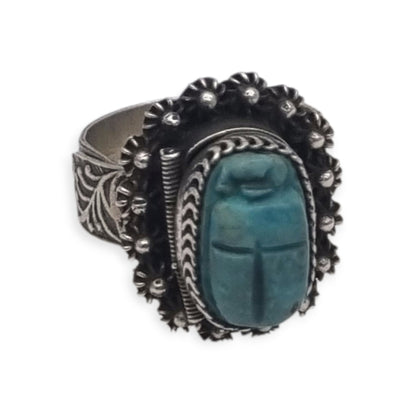 Egyptian poison or locket ring in silver with turquoise scarab, circa 1960