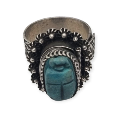 Egyptian poison or locket ring in silver with turquoise scarab, circa 1960