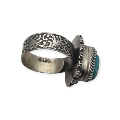 Egyptian poison or locket ring in silver with turquoise scarab, circa 1960