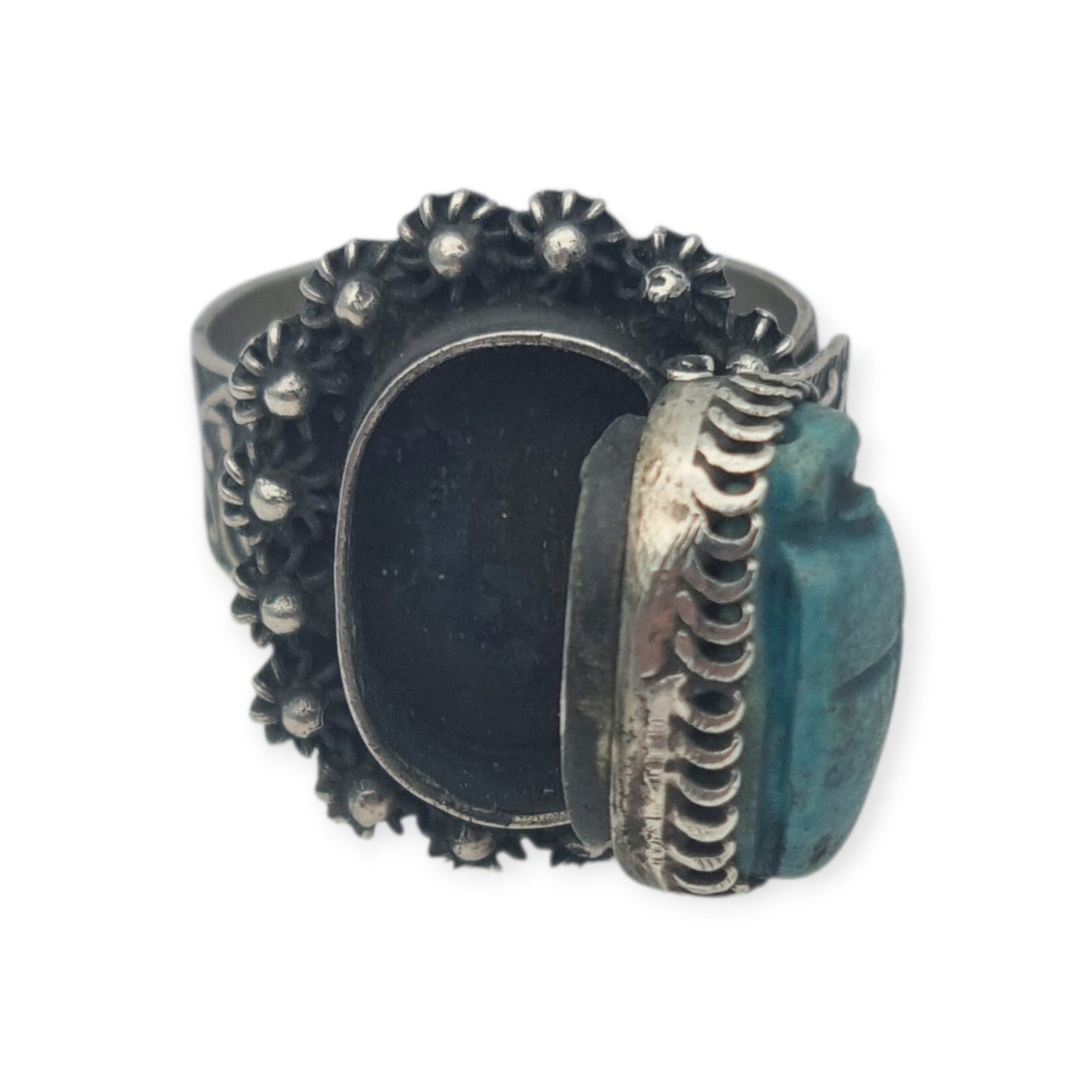 Egyptian poison or locket ring in silver with turquoise scarab, circa 1960