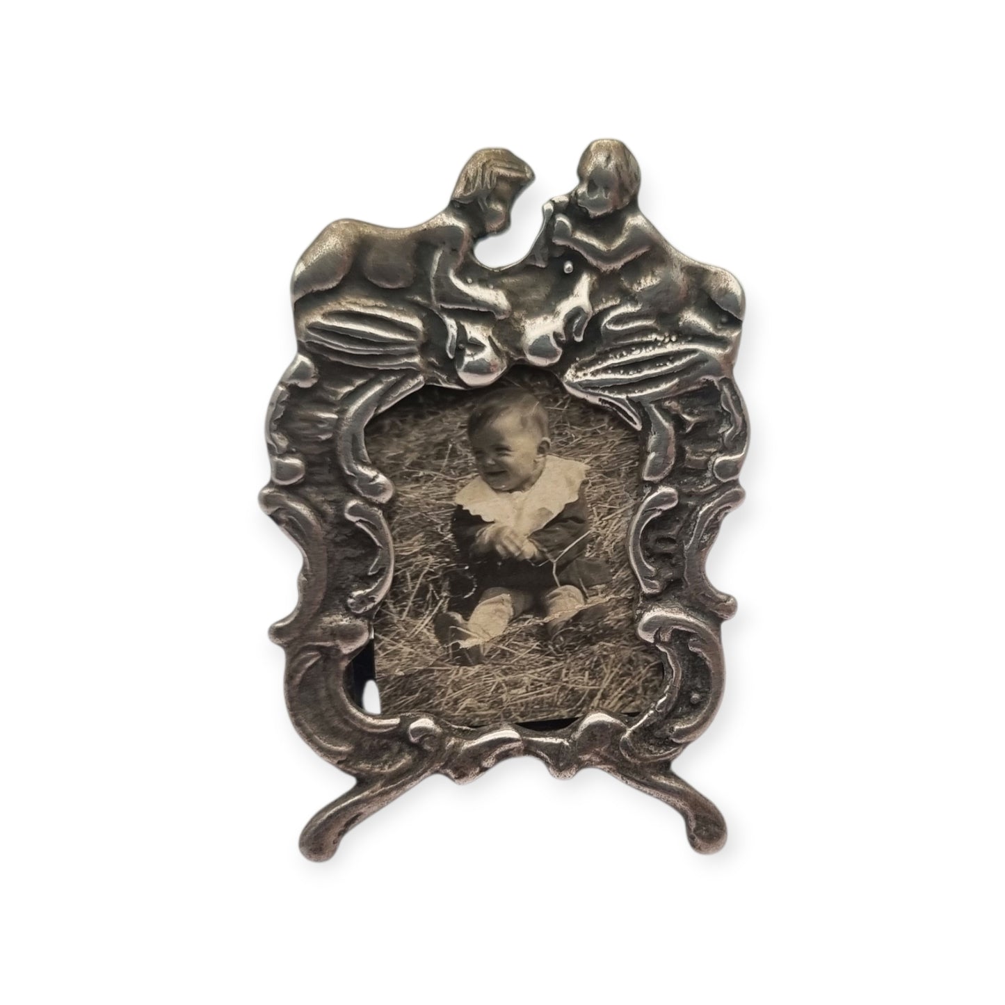 Antique Italian 800 silver children's photo frame, circa 1960, decorative babies
