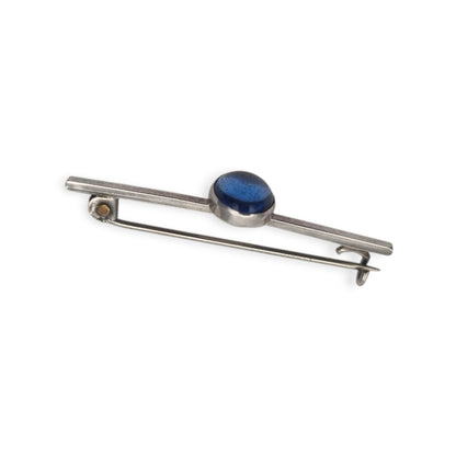 Antique silver brooch with oval blue cabochon, minimalist 20th-century design
