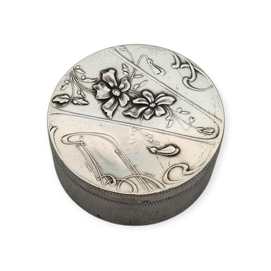 Caja circular de plata Art Nouveau con decoración floral de Pierre Frainier, circa 1900