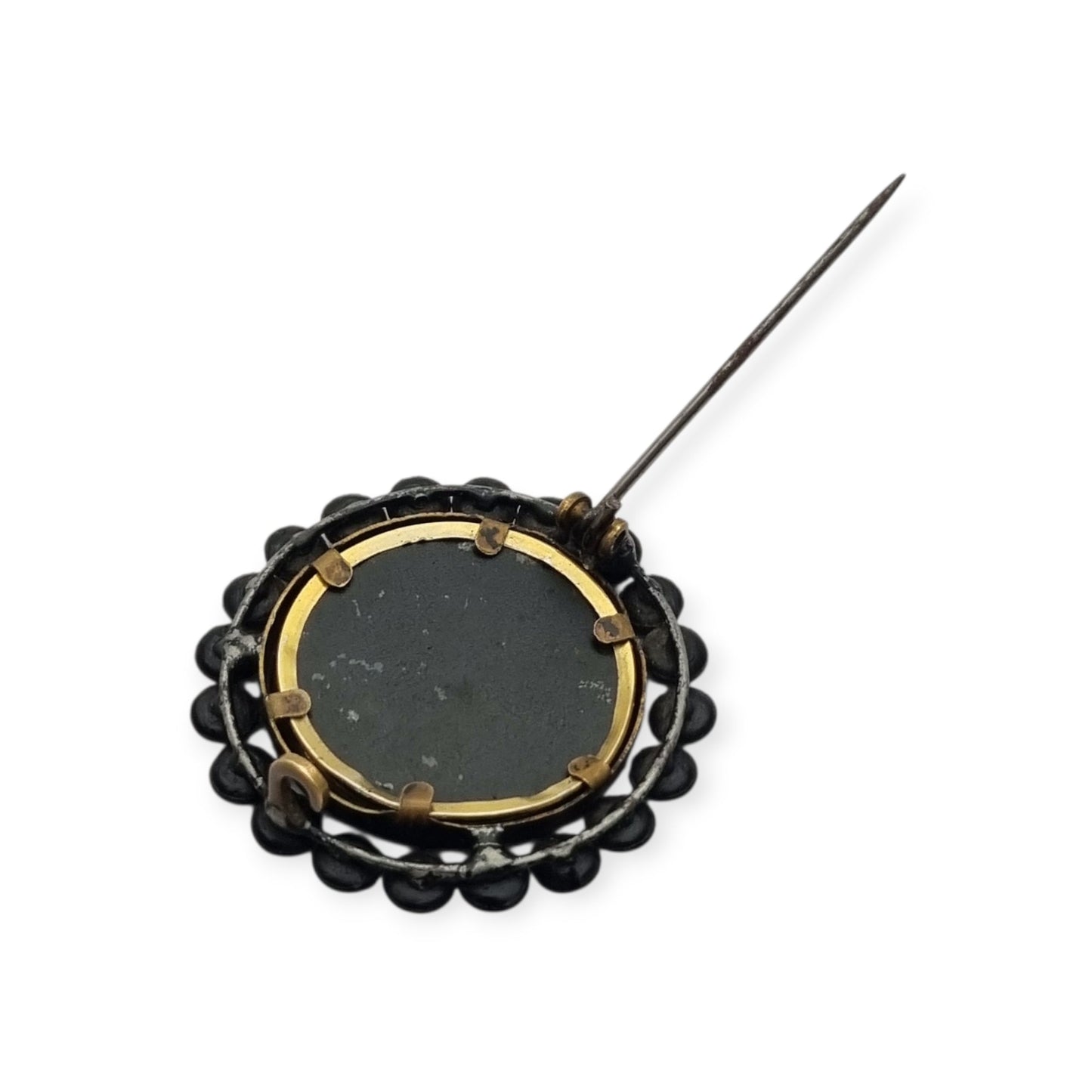 Victorian mourning locket brooch, black lacquered metal, England, circa 1890-1900