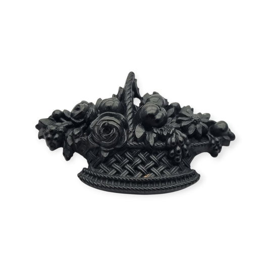 Victorian Vulcanite Mourning Floral Brooch, Giardinetti Basket, circa 1880, Sentimental Jewelry