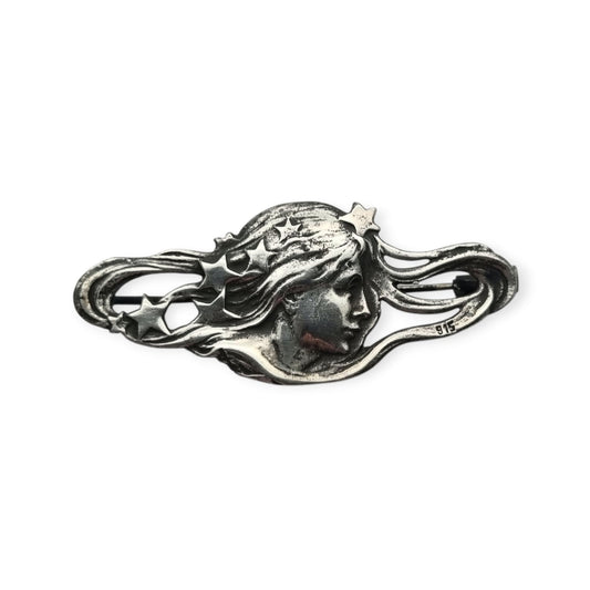 Broche de plata 915 Art Nouveau con ninfa, estrellas y perfil femenino, Europa, circa 1940