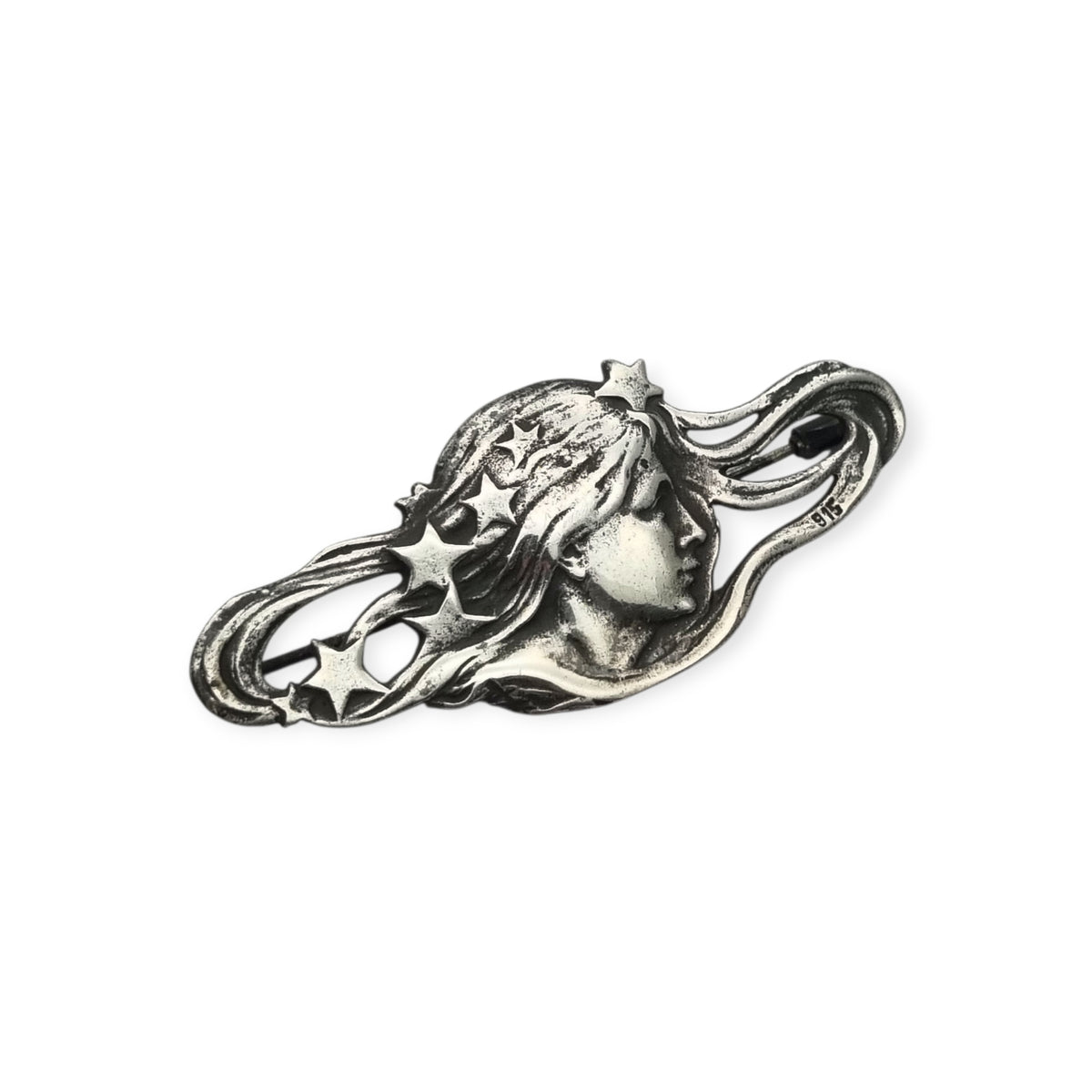 Art Nouveau 915 silver brooch with nymph, stars, and female profile, Europe, circa 1940