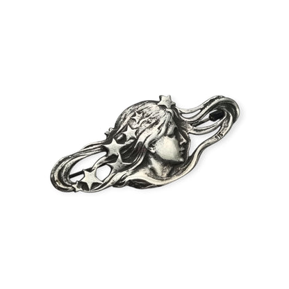 Art Nouveau 915 silver brooch with nymph, stars, and female profile, Europe, circa 1940