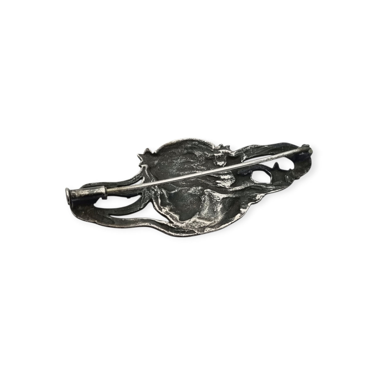 Art Nouveau 915 silver brooch with nymph, stars, and female profile, Europe, circa 1940