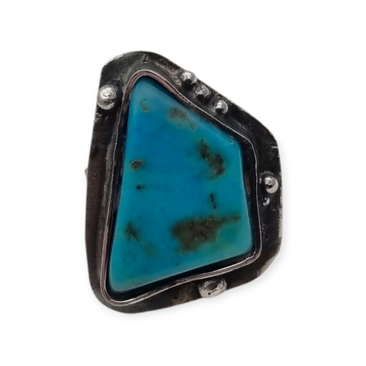 Handcrafted Boho silver ring with triangular turquoise, organic ethnic design, 80s