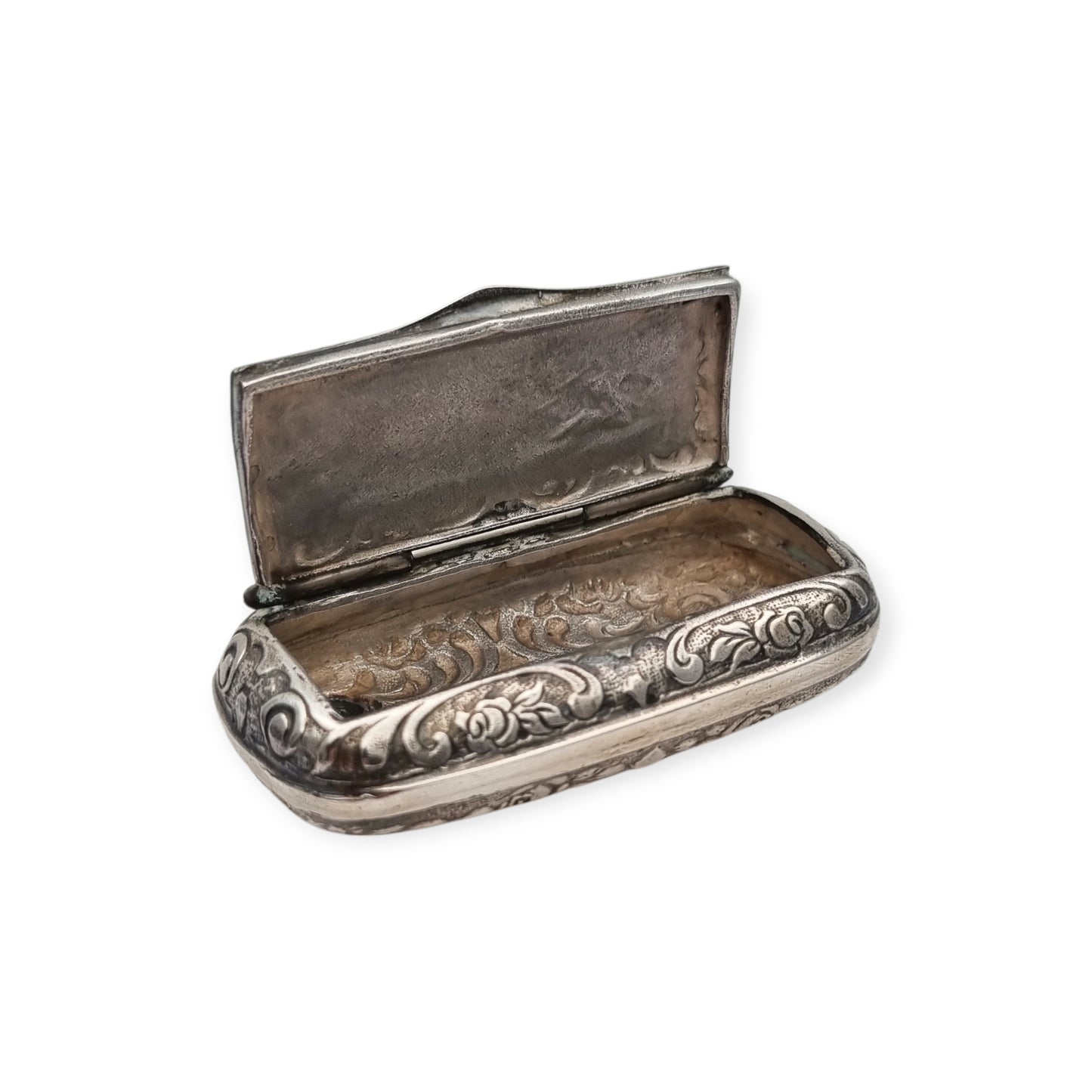 Caja rape de plata 925, inspiración victoriana, decoración floral, Europa, siglo XX