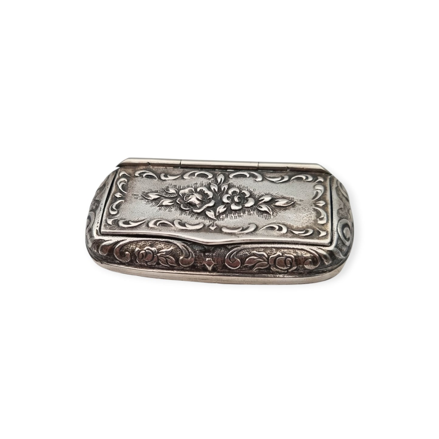 Caja rape de plata 925, inspiración victoriana, decoración floral, Europa, siglo XX