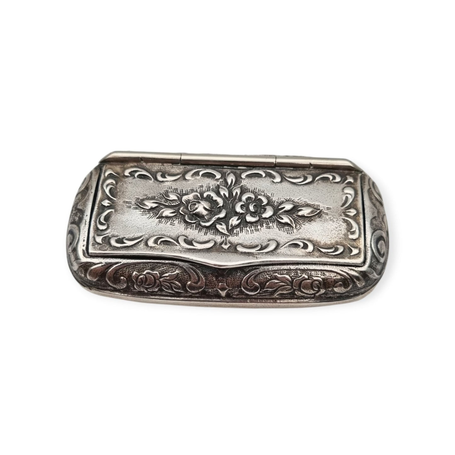 Caja rape de plata 925, inspiración victoriana, decoración floral, Europa, siglo XX
