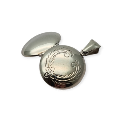 Colgante guardapelo en plata 925, España, medallón ovalado floral, circa 1980-90