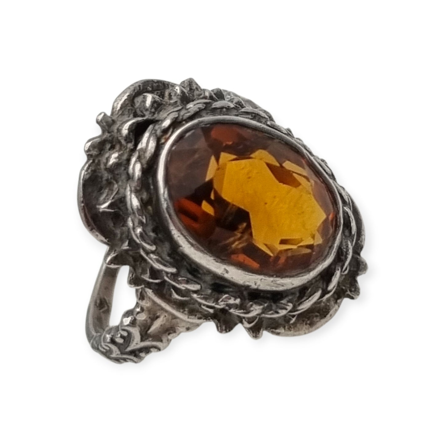 1950s-1960s silver ring with cognac-colored faceted crystal and ornamental design