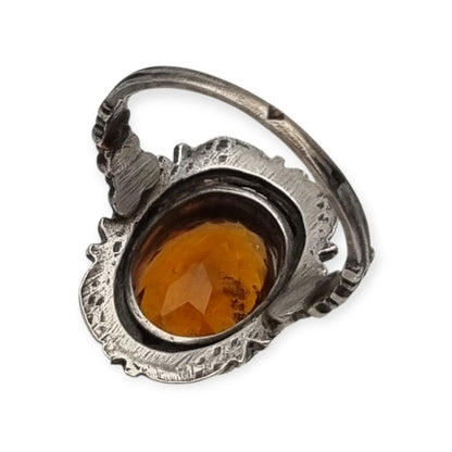 1950s-1960s silver ring with cognac-colored faceted crystal and ornamental design