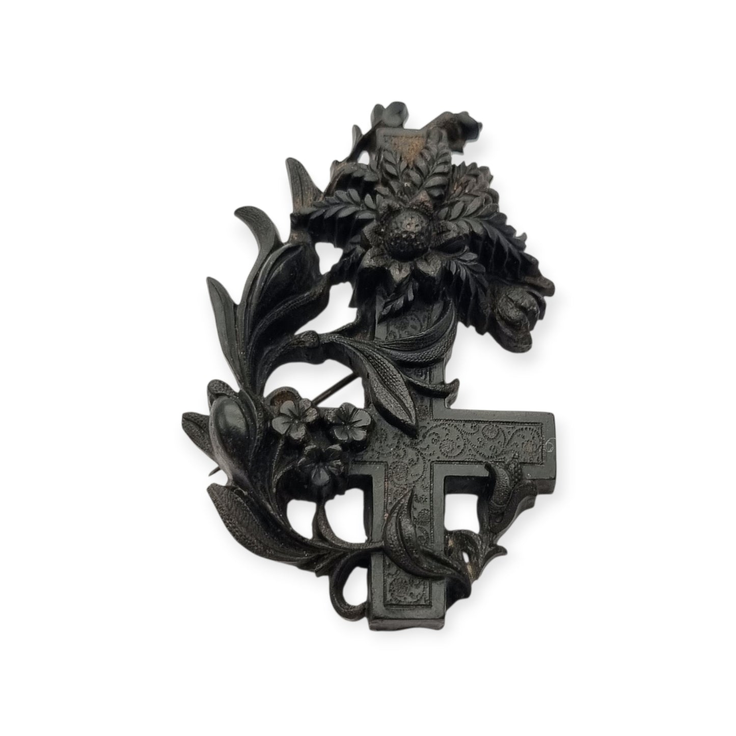 Victorian vulcanite mourning brooch, cross with ivy and flowers, England, circa 1880-1900