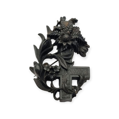 Victorian vulcanite mourning brooch, cross with ivy and flowers, England, circa 1880-1900