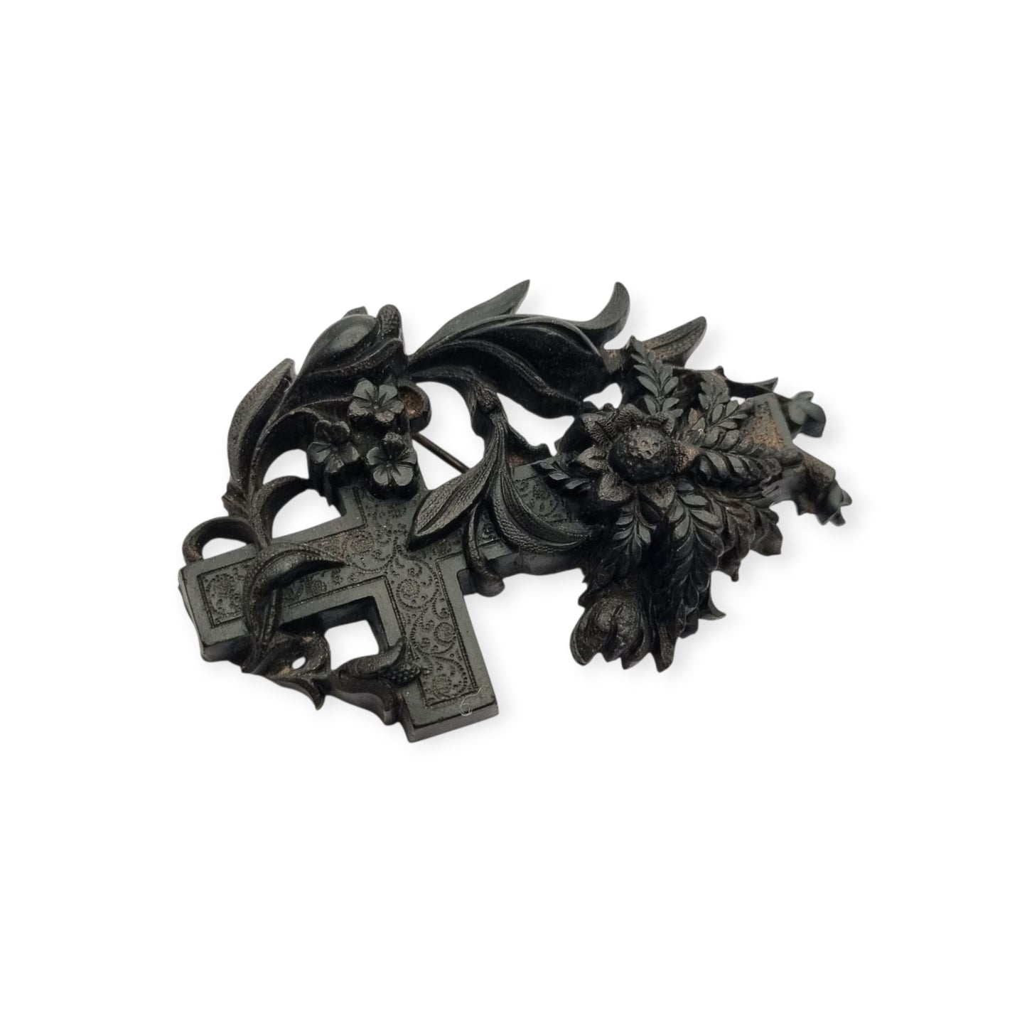 Victorian vulcanite mourning brooch, cross with ivy and flowers, England, circa 1880-1900