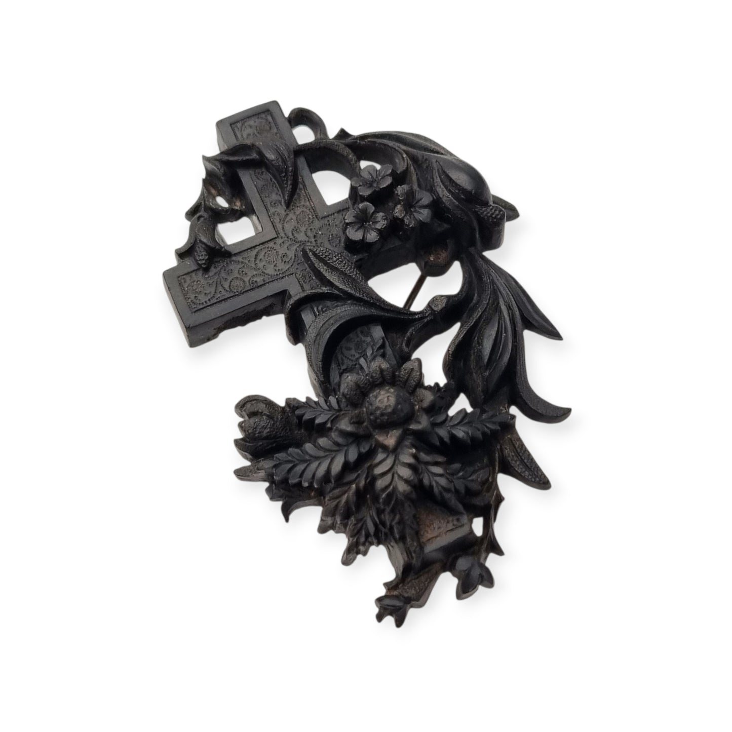 Victorian vulcanite mourning brooch, cross with ivy and flowers, England, circa 1880-1900