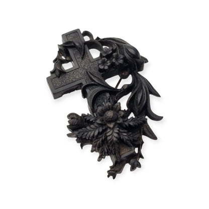 Victorian vulcanite mourning brooch, cross with ivy and flowers, England, circa 1880-1900